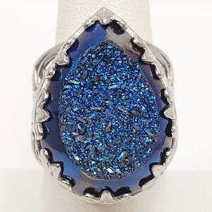 Pear Shaped Blue Druzy 925 Sterling Silver Scroll Design Statement Ring